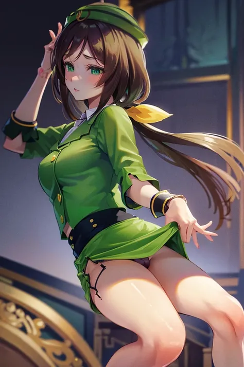 masterpiece, best quality, intricate details, highly detailed, ultra detailed,4k,intricate details panties,(((hayakawa,tazuna,ponytail,green headwear,green jacket,green skirt,pencil skirt))),missionary potision,spread legs, legs up,grabbing legs,spread cro...