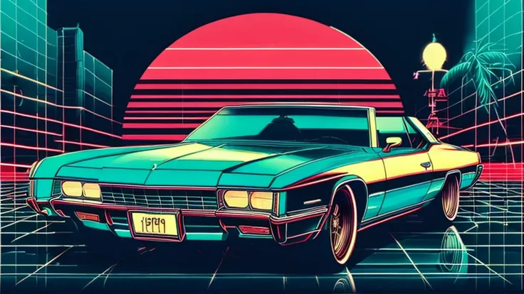 vaporwave style, car , sunset, palm tree, cityscape
