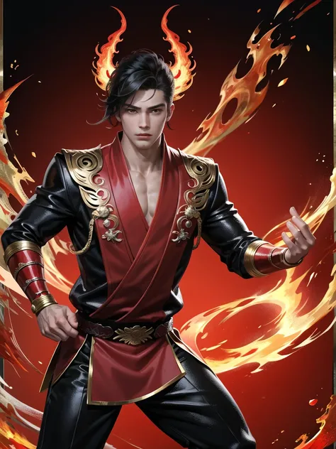 (Martial arts style works),(quality),(height),(Detailed background of a young boy.),(fire),(beautiful),(Wear a black and red outfit),(Thin muscles)(light and shadow),(1 man),(ornamentation),(Chinese anime subtitles),(One fire ring)