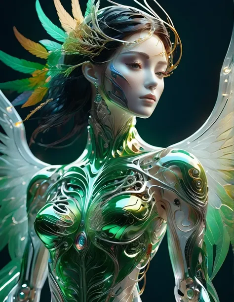 Complex 3d rendering ultra-detailed beautiful angel of death, biomechanical robot, simulated 150mm shot, beautiful natural soft edge light, crystal , roots, delicate leaf lace, colorful details,  earrings, piercings, intricate details, mesh thread, facial ...