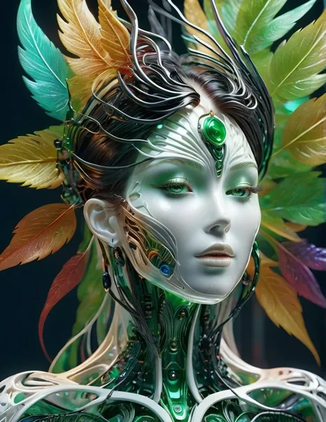 Complex 3d rendering ultra-detailed beautiful angel of death, biomechanical robot, simulated 150mm shot, beautiful natural soft edge light, crystal , roots, delicate leaf lace, colorful details,  earrings, piercings, intricate details, mesh thread, facial ...