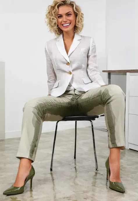 attractive blonde woman wearing natural linen business suit jacket with olive green pants, ((platform pumps)), white blouse, curly hair, wetting, big smile, pee stains are gleaming wet, pants really soaked with pee, sitting in office chair, (platform pumps...