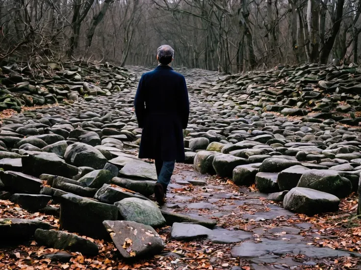 {A man close to the camera, standing backwards} with determination, overcoming visible obstacles on the way (like fallen stones and branches).