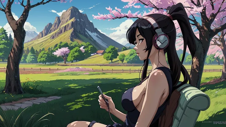 Anime girl with headphones in the train, a cherry tree in the background sam yang, 1girl, black hair, breasts, closed mouth, day, grass, headphones, lips, long hair, mountain, outdoors, profile, shadow, small breasts, solo, tree , ((masterpiece)) anime bac...