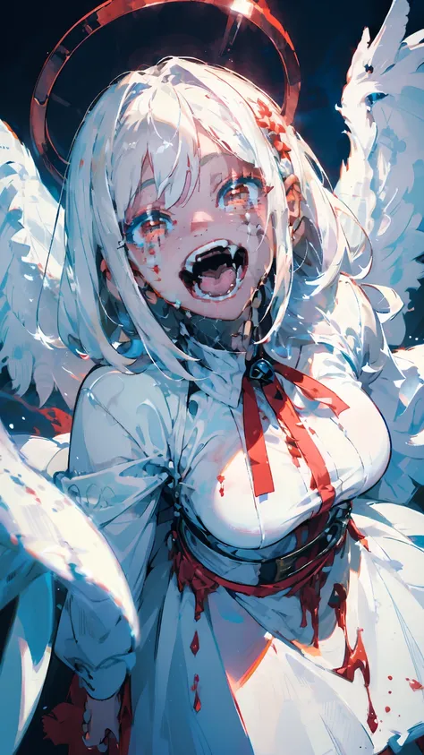 (woman(A blood-red, dark angel halo is on his head., Angel Girl,Pure white hair,Red eyes, Pure white skin, White costume,The girl is laughing wildly with her mouth wide open,Eyes with dilated pupils,Scary,A dark red liquid drips from its mouth and eyes.,Cr...