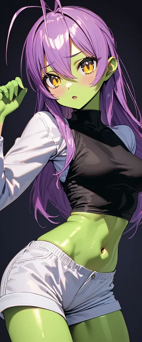 tilts head, Front view: 1.2)) masterpieces, 8k, ultra HD, alien girl, green skin color, black and yellow eyes, macheless crop top, white turtleneck, white mini shorts, green antenna, purple hair dark and pink highlights 