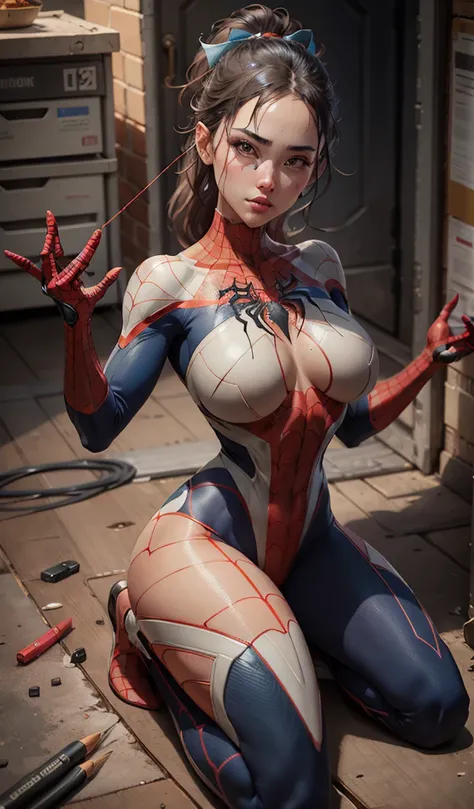 spidergirl n a black and blue spiderman suit , on the floor , big , shaking ,hands tied, , nude, big ,xtremely detailed artgerm, ig model | artgerm, trending artgerm, style artgerm, in the style artgerm, artgerm style, by ruan jia and stanley artgerm, artg...