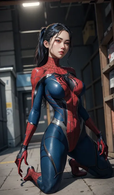 spidergirl n a black and blue spiderman suit , on the floor , big , shaking ,hands tied, , nude, big ,xtremely detailed artgerm, ig model | artgerm, trending artgerm, style artgerm, in the style artgerm, artgerm style, by ruan jia and stanley artgerm, artg...