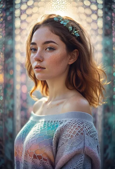 1girl,mysterious girl with freckles,an exotic girl in off-shoulder sweater,fading backlit background,pastel colors,alluring goddess,amazing depth,double exposure,surreal,geometric patterns,intricately detailed,bokeh,perfect balanced,deep fine borders,artis...