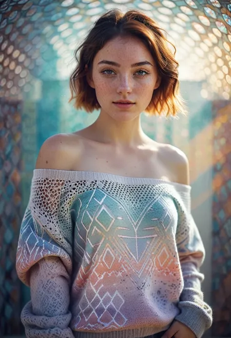 1girl,mysterious girl with freckles,an exotic girl in off-shoulder sweater,fading backlit background,pastel colors,alluring goddess,amazing depth,double exposure,surreal,geometric patterns,intricately detailed,bokeh,perfect balanced,deep fine borders,artis...