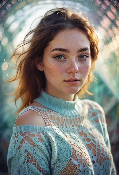 1girl,mysterious girl with freckles,an exotic girl in off-shoulder sweater,fading backlit background,pastel colors,alluring goddess,amazing depth,double exposure,surreal,geometric patterns,intricately detailed,bokeh,perfect balanced,deep fine borders,artis...