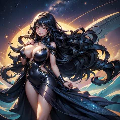 Woman with very long wavy black hair and  huge unrevealing breast wearing a bright glitter dress and smiling up. Little, surrounded by the night sky