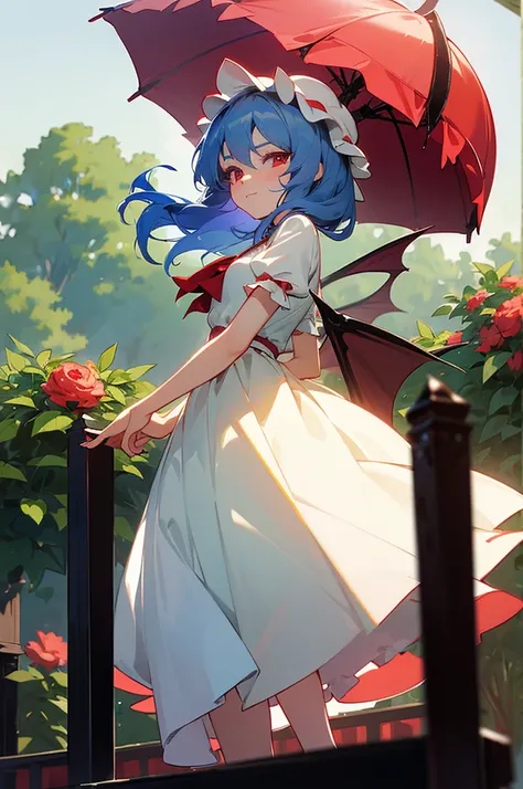 Remilia Scarlet (Touhou). In garden green, Walking wing white vintage umbrella. look at viewer. Cute face. blue hair. red eyes, long eyelashes. vintage white dress. fine Detail, masterpiece, top quality, official art, extremely detailed CG unity 8k wallpap...