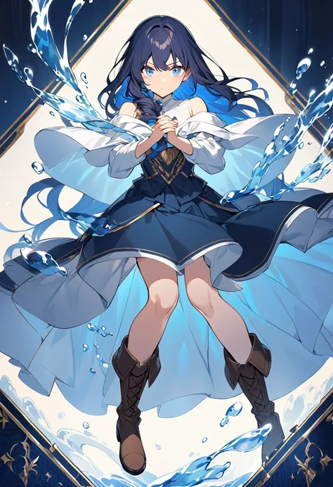 20 years old anime girl, with short dark blue hair to the shoulders, a serious yet tender expression, and bright light blue eyes. She dresses in an antique style, wearing a long dark blue skirt that reaches her knees, and small dark brown boots up to her a...