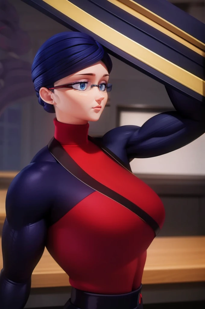 female bodybuilder in red bra inside office suit and her hair is dark blue, and a bit red from end to the left side of head, det...