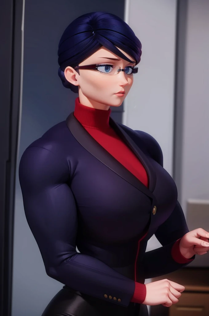 female bodybuilder in red bra inside office suit and her hair is dark blue, and a bit red from end to the left side of head, det...