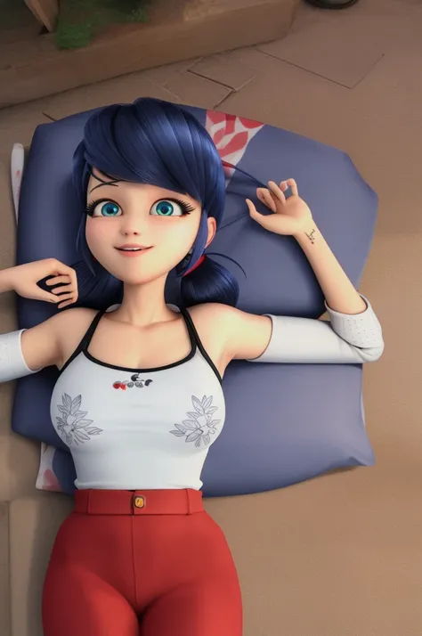 (8k, RAW photo, best quality, masterpiece:1.2), (intricate details), perfect eyes, perfect face, perfect lighting, beautiful, (masterpiece:1.2), (best quality:1.2), 1girl, solo, Marinette, blue hair, ((hair in ponytails)), adult torso, (red crop top, tight...