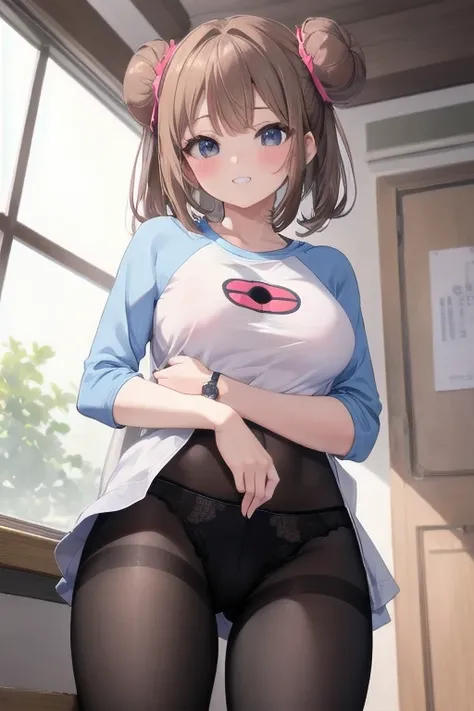 masterpiece, best quality, High resolution, b1, Hair Bun,Brown hair,  black eyes, Black pantyhose, Raglan sleeves,  shirt, 乳首がshirtから透けて見える、pink ribbon, watch, Standing, Cowboy shooting, site, Monster Ball (basic), Grin、(Rosa_Pokémon)、(((From the lower thi...