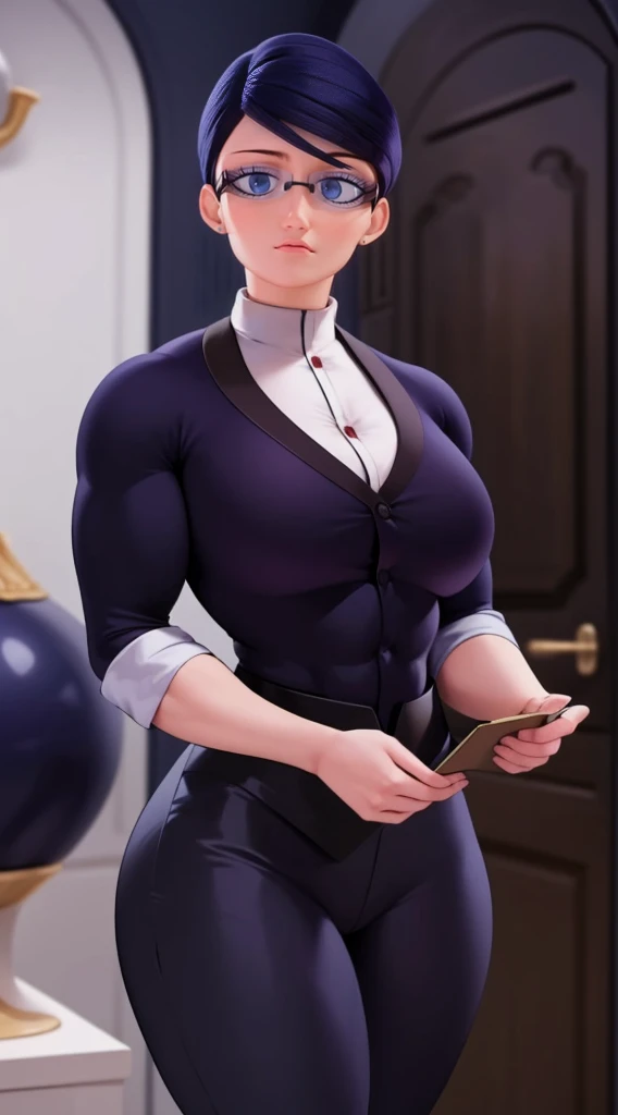 (masterpiece, best quality:1.2), 1girl, solo,Create a detailed illustration of Natalie Sancoeur from Miraculous Ladybug. She a muscular female bodybuilder and her hair is dark blue and a bit red from end to the left side of head, detailed face, beautiful d...