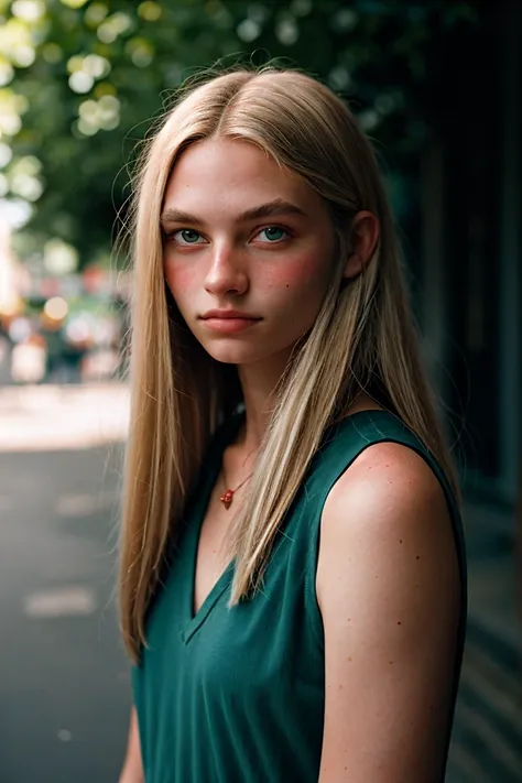 portrait, shot on leica;shadows, wonderful lighting, subtle pastel shades, en plein air, long straight hair, 20 ans