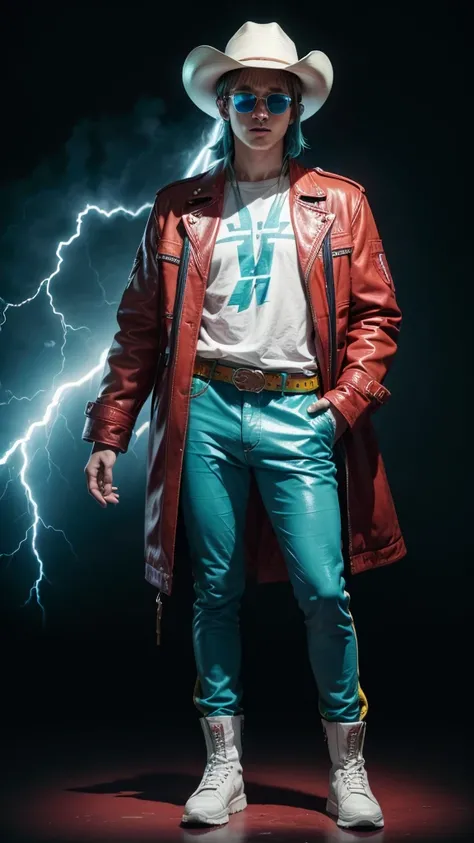 A completely white man, with a cyan cowboy hat, red striped jacket with cyan details, sunglasses, red pants and yellow leather boots, he is on a completely black background, his entire body is visible, full-bodied, Epic lightning, 4K, high details, he Look...