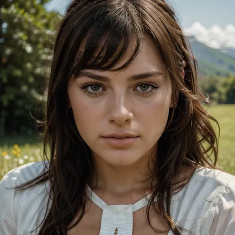 portrait of a brune white woman, grassy field, mountainy background, high textured skin, intricate detail, sharp, high contrast, 50mm, f/1.2, bouqhe, 