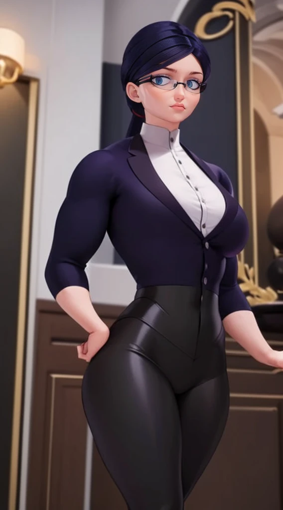 (masterpiece, best quality:1.2), 1girl, solo,Create a detailed illustration of Natalie Sancoeur from Miraculous Ladybug. She a muscular female bodybuilder and her hair is dark blue and a bit red from end to the left side of head, detailed face, beautiful d...