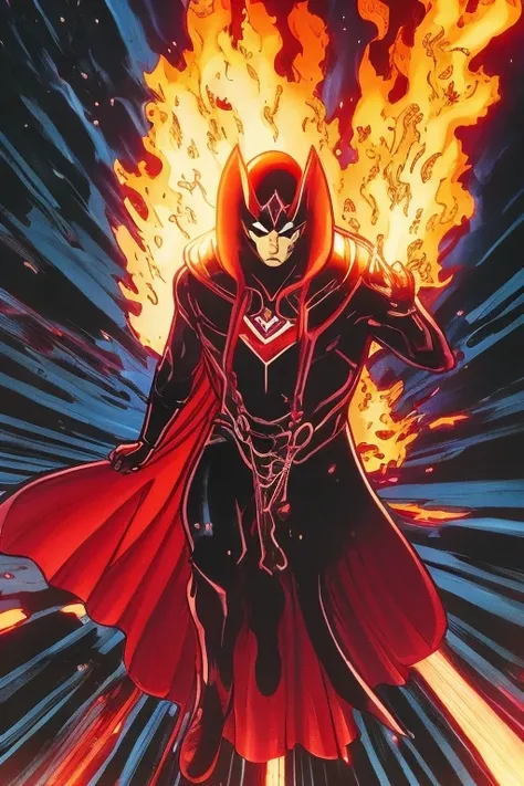 A comic book character with black hair where some strands are red, he is wearing hero clothes like a wiccan from marvel, and using magic like the scarlet witch