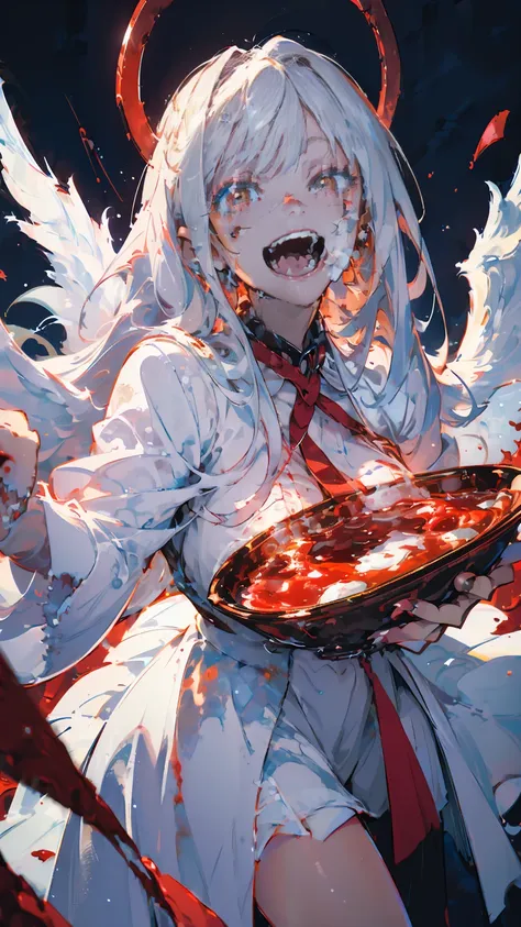 (woman\(a blood-red, dark angel halo is on his head., angel girl,pure white hair,red eyes, pure white skin, white costume,the gi...