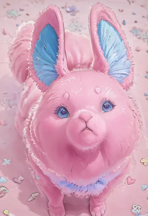 a cute pink rabbit, detailed blue in ears, intricate fur details, soft pastel colors, whimsical expression, playful pose, high q...