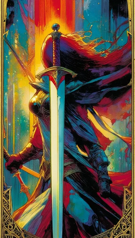 ((tarot card)) ((card frame)) , the justice, sword, blood, artwork artwork by Bill Sienkiewicz, vivid colors, intricate details, oil.
