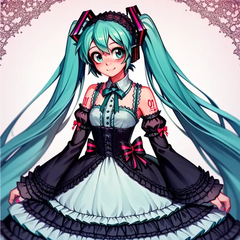 1girl. cutestyl3, cute, hatsune miku, gothic clothing, lolita, halfbody, smile, blush