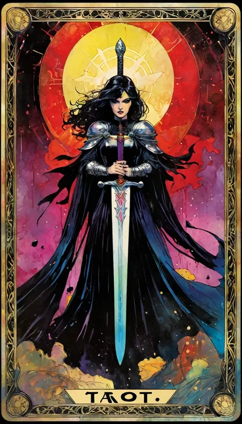 ((tarot card)) ((card frame)) , the justice, sword, blood, artwork artwork by Bill Sienkiewicz, vivid colors, intricate details, oil.
