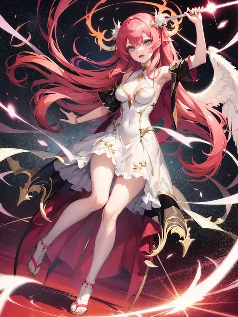 a full body anime girl who is half angel and half devil with with a beautiful detailed devilish dress