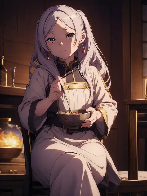 anime girl sitting in chair with a bowl of food in her hand, alchemist girl, light novel cover art, official art, epic light novel art cover, official artwork, epic light novel cover art, loli, isekai, small curvy loli, cushart krenz, cushart, cushart kren...