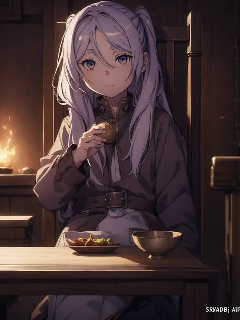 anime girl sitting in chair with a bowl of food in her hand, alchemist girl, light novel cover art, official art, epic light novel art cover, official artwork, epic light novel cover art, loli, isekai, small curvy loli, cushart krenz, cushart, cushart kren...