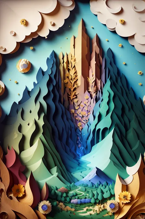 (masterpiece),(best quality), illustration, (fantasy:1.4), scenery, no human, Surrealism, drop shadow, anaglyph, stereogram, atmospheric perspective, 8k, super detail, accurate, best quality, UHD, a forest, (flowers:1.1) , paper_cut