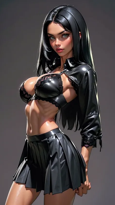 (((1 girl, cute, (full breasts:1.3), black leather pleated skirt, black lace bra, jet black hair, straight hair, side parted hair, green eyes))), (((short, straight jet-black hair))), 
dynamic poses, realistic style, boltedontits,