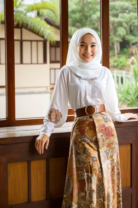 (((Beautiful girl wearing a hijab))),((traditional Javanese clothes)),(radiant face),((sweet smile)) BREAK, ((wearing hijab, brown hijab, floral motif)),((wearing white shirt, long sleeves)),((wearing sarong skirt, batik motif, brown color, long skirt, bel...