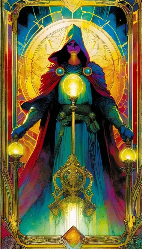 ((tarot card)) THE JUSTICE ((card frame)) , the justice, artwork artwork by Bill Sienkiewicz, vivid colors, intricate details, oil.
