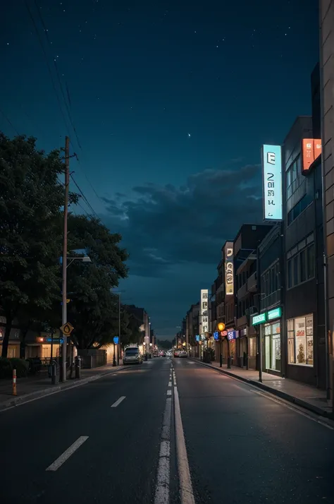 2 lane road, night, buildings on both sides