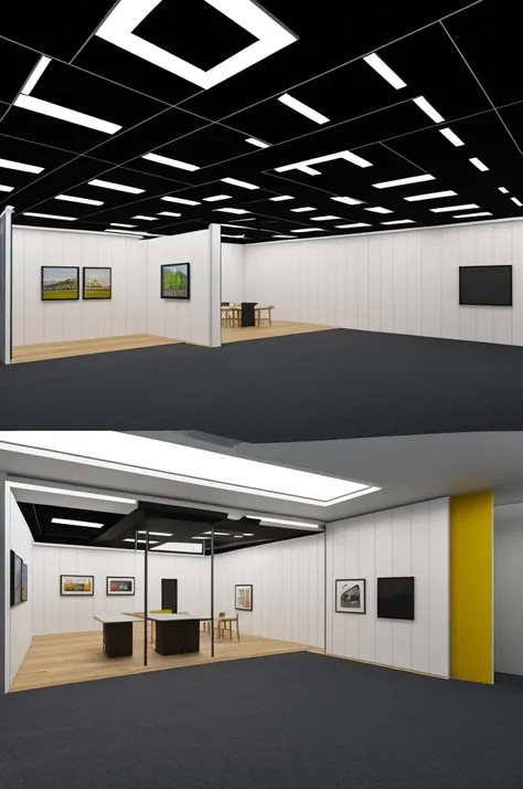 Generate an exhibition hall with mobile walls, architectural render version 