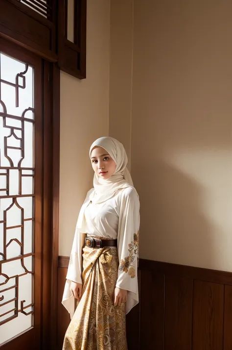 (((Beautiful girl wearing a hijab))),((traditional Javanese clothes)),(radiant face), BREAK, ((wearing hijab, brown hijab, floral motif)),((wearing white shirt, long sleeves)),((wearing sarong skirt, batik motif, brown color, long skirt, belt)), BREAK, (Ba...