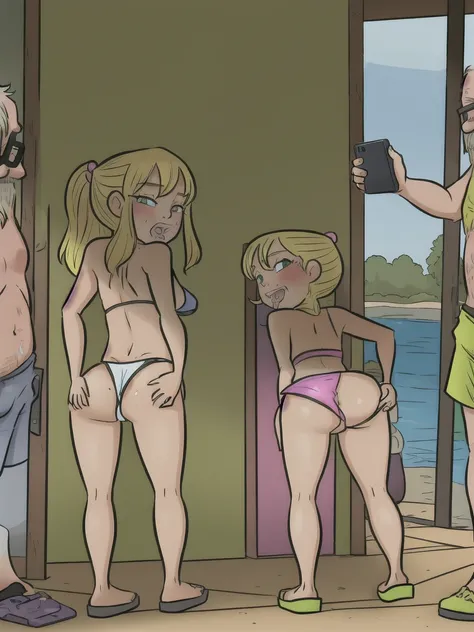 1girl, sexy 10yearold blonde slut is wearing a micro bikini and is standing next to a creepy old man who is taking photos of her ass with his phone. 1 old man in frame. old man grabbing girls ass.