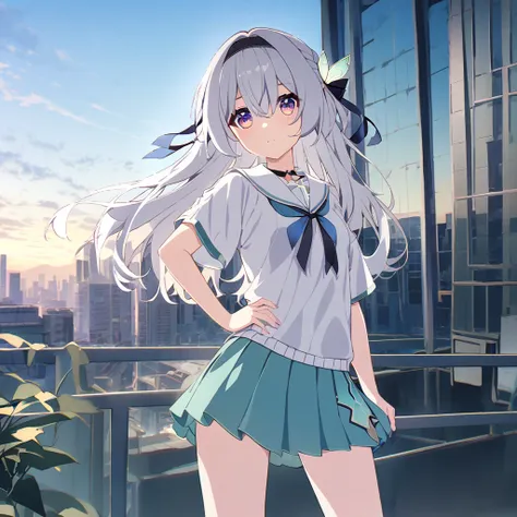 firefly (honkai: star rail),1 Girl, Solitary, 1 Girl, Solitary,  Long hair,  sweater, Short sleeve, Pleated Skirt, permanent, Hands on hips, Shorten the trouser legs, Cowboy shooting,, 蓝sky, sky, outdoor, Modern Architecture, city View,