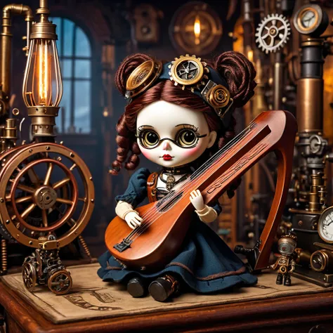 (voodoo doll playing knitted harp:1.2), (Voodoo Steampunk:1.3), (badass clothing: leather corset, aviator glasses, Gears and mechanical parts:1.0), (in the background steam engines, airships and Victorian buildings:1.2), best qualityer, work of art, detail...