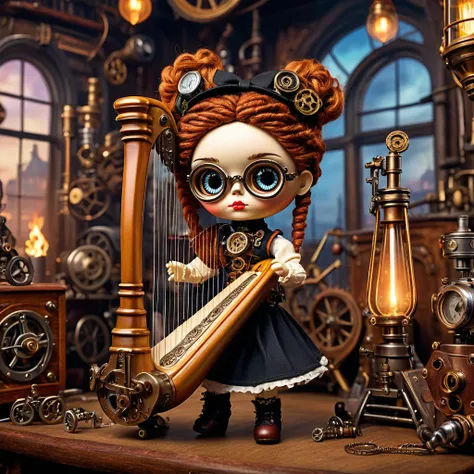 (voodoo doll playing knitted harp:1.2), (Voodoo Steampunk:1.3), (badass clothing: leather corset, aviator glasses, Gears and mechanical parts:1.0), (in the background steam engines, airships and Victorian buildings:1.2), best qualityer, work of art, detail...