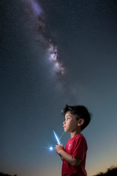 A boy looking at the starry sky, with a toy rocket in his hands.