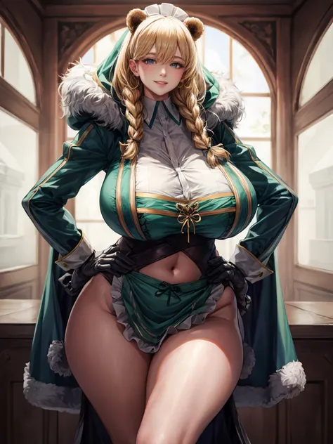 (masterpiece:1.2, best quality), (1girl, solo), friggadef, milf, (mature female), make up, seductive smile , parted lips, highly-detailed, gorgeous perfect face, ((huge breasts)), (sagging breasts), (white skin), (huge thighs), navel, wide hips, average wa...