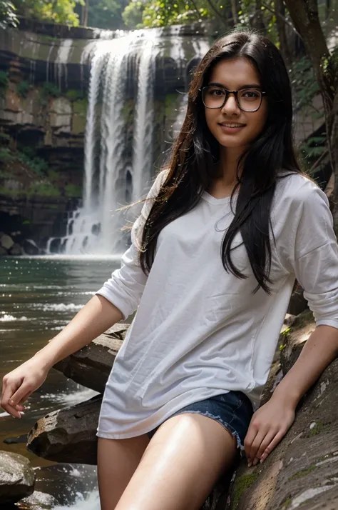 Create aman, 18 years old, white skin, black hair, wearing clothes, wearing glasses, teeth like a squirrel, waterfall background, realistic pose like a model